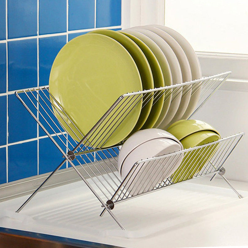 X-type folding dish rack household double drain rack kitchen countertop rack simple dish storage bowl rack
