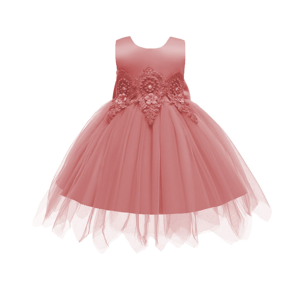 Wholesale foreign trade children's wear: embroidered princess dress for girls, asymmetrical mesh dress with large bow