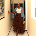 export elastic waist mesh ruffle asymmetrical tiered cake skirt midi high waist a-line midi skirt