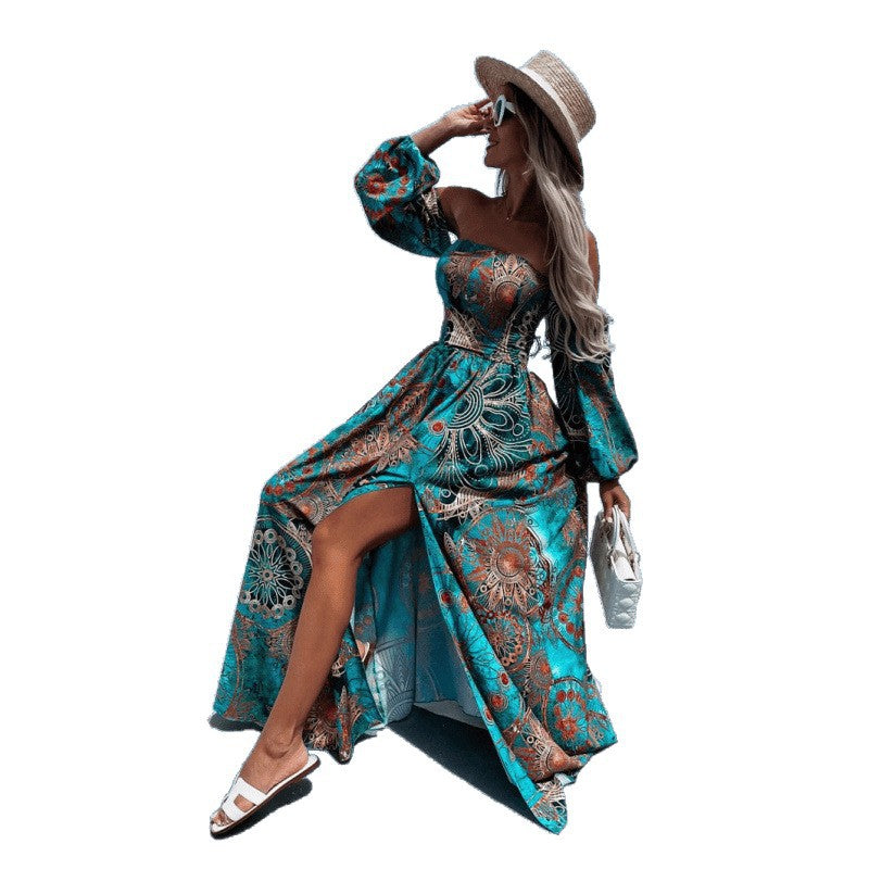 Aliexpress new arrival: off-the-shoulder long sleeve bandeau printed maxi dress