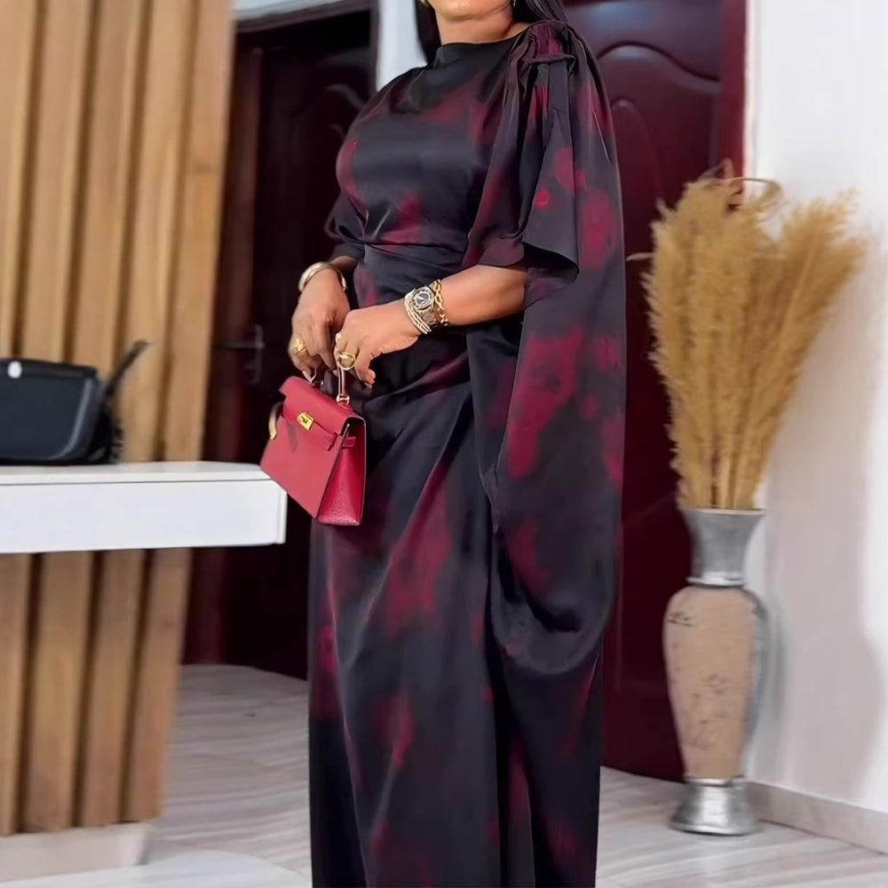 New african batwing sleeve crew neck dress - loose fit printed drawstring waist slimming maxi dress bubudress