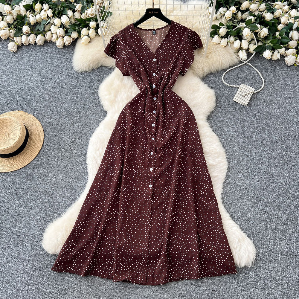 French retro v-neck flutter sleeve fitted waist dress - women's 2025 summer slimming elegant single-breasted floral maxi dress