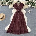 French retro v-neck flutter sleeve fitted waist dress - women's 2025 summer slimming elegant single-breasted floral maxi dress