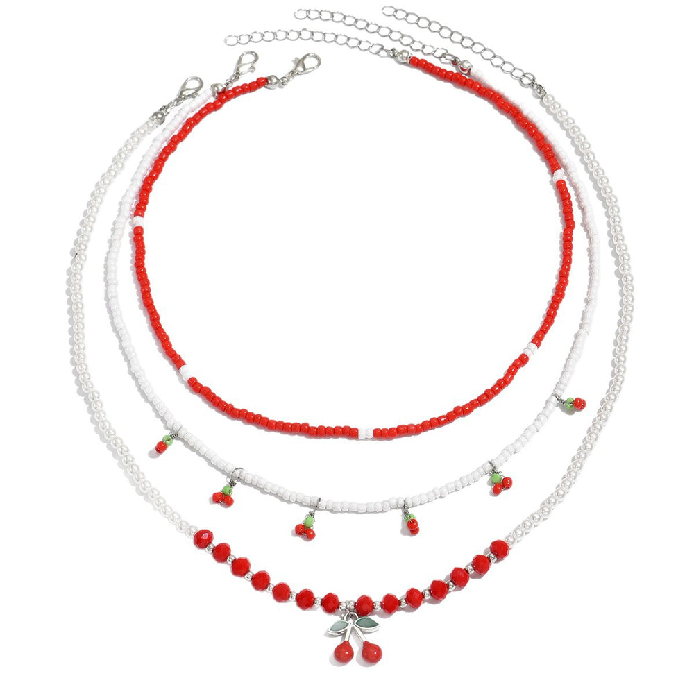 European and american cross-border cherry necklace set - multi-layered design, summer fresh style, rice bead chain accessories, women's necklace