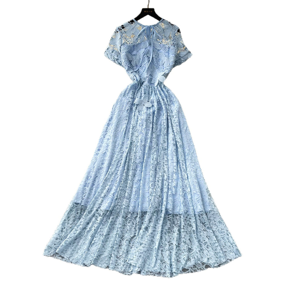 French chic lace cutout dress - women's summer tie-waist a-line elegant maxi dress