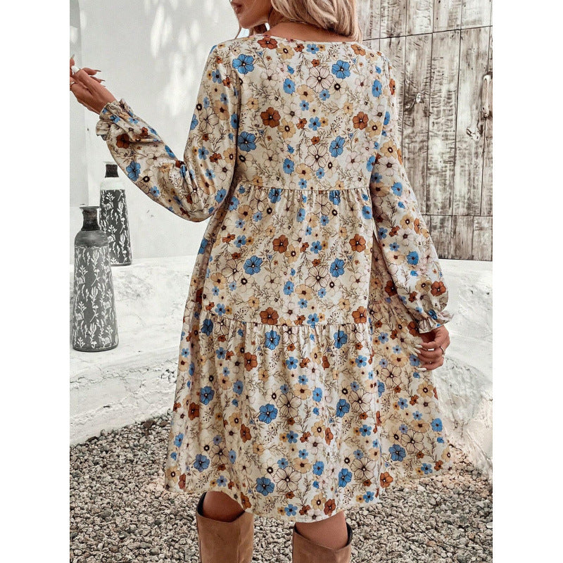Amazon cross-border fashion:  new european and american style french elegant printed lantern sleeve dress for women