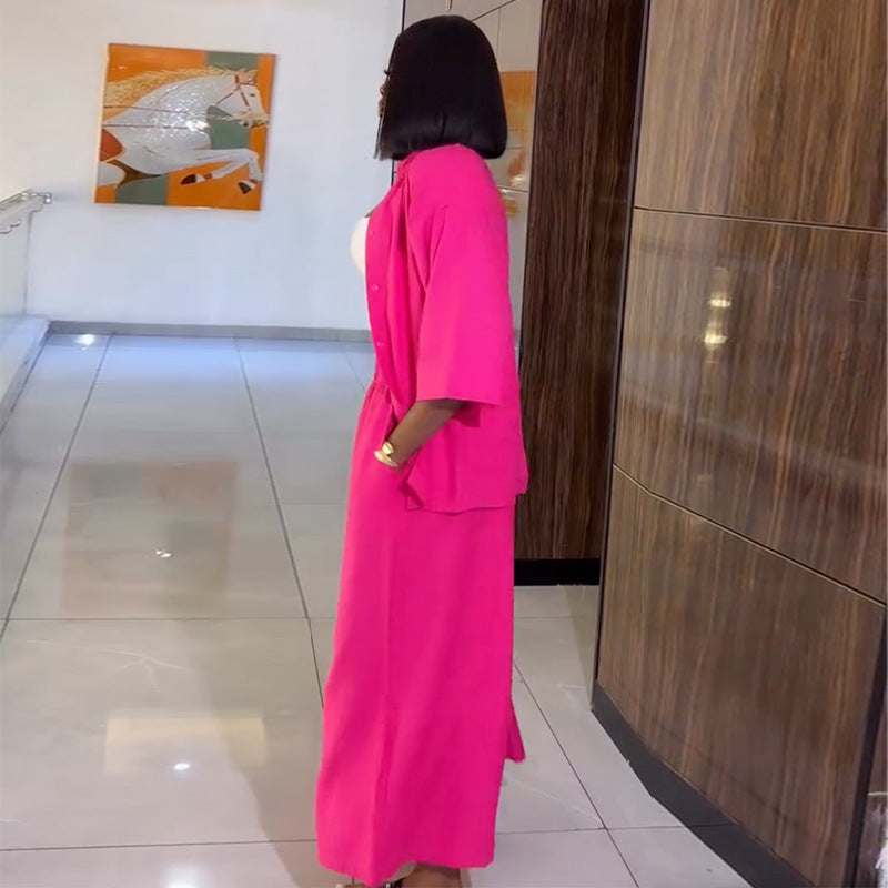 European and american cross-border women's fashion:  autumn new collection - solid color, loose fit, three-quarter sleeve blouse and wide-leg pants set