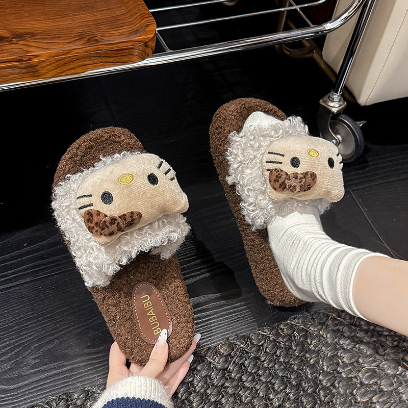 Autumn and winter cute leopard print cat cotton slippers for women, non-slip home slippers, trendy leopard print furry slippers for women, suitable for wearing outdoors