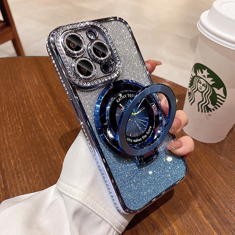 Suitable for apple 17promax light luxury rhinestone electroplated mobile phone case 15 glitter magnetic holder apple 16 protective cover