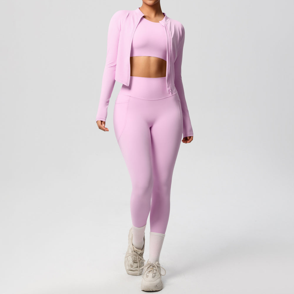 new cloud-soft brushed slim-fit long sleeve activewear set: includes a sporty jacket, casual peach lift leggings, and a yoga top – a three-piece workout outfit