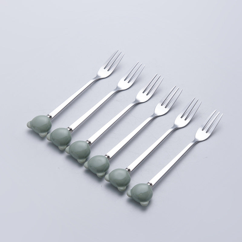 Luxury new year fruit fork set - stainless steel fruit forks with storage jar, premium ceramic bear fork & spoon jar set