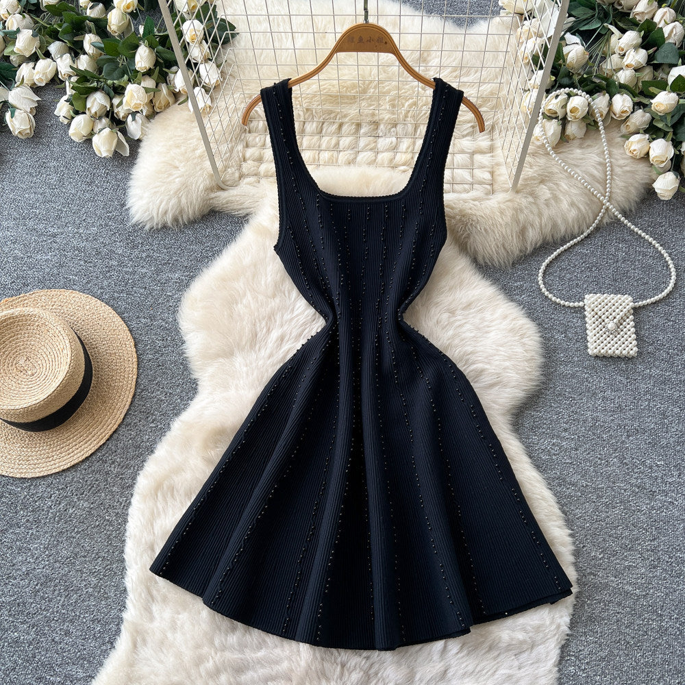french chic sleeveless a-line knit mini dress - summer pearl embellished versatile dress