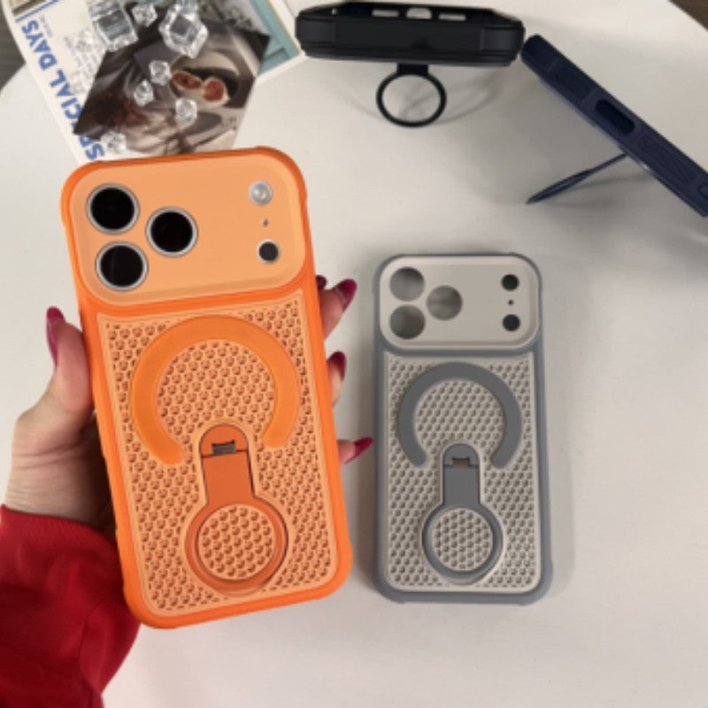 Precision perforated iridescent honeycomb cooling 360 magnetic stand compatible iphone 17 pro case, apple 16 business case