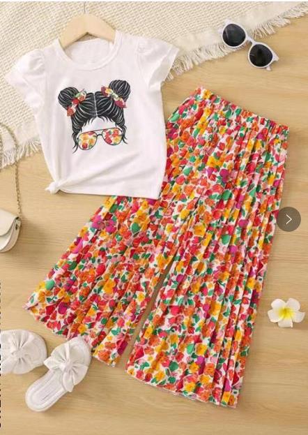 cross-border hot girls' summer new cartoon character graphic short-sleeve top + wide-leg pants casual two-piece set wholesale