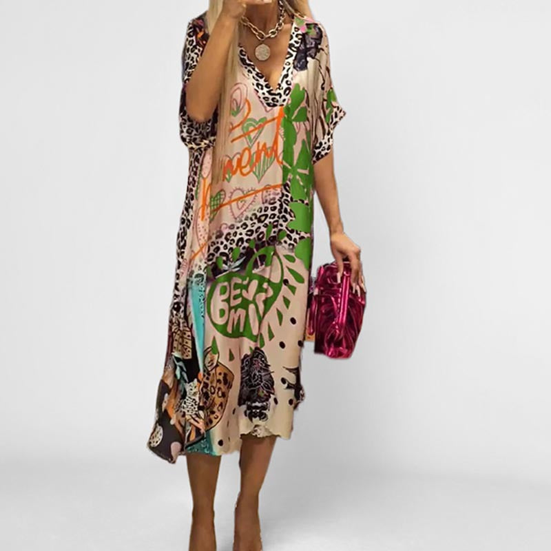 new cross-border women's summer dress: european and american casual leopard print colorful print deep v-neck dress