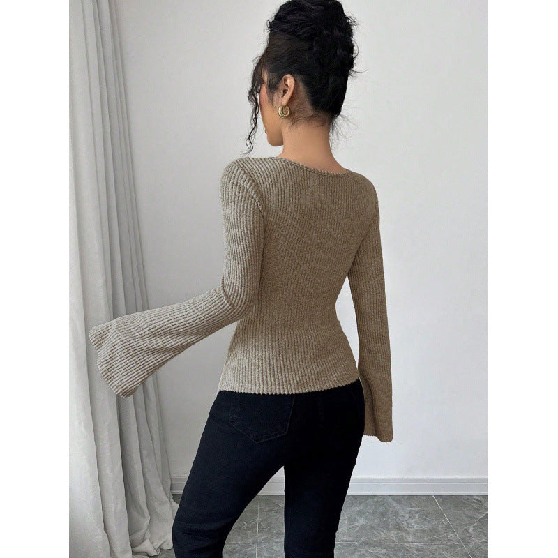 Real shot of export cross-border 1688shein  bell sleeve swing collar knittingtops