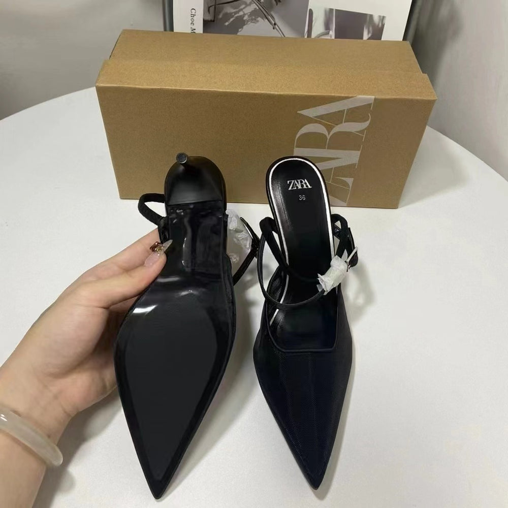 Za new arrivals 2024: spring/summer french-style high heels - stiletto, pumps, mesh paneling, back strap, black & pink fashion