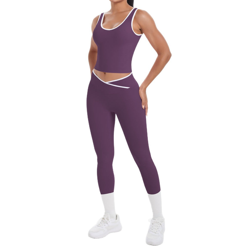 popular double-sided brushed contrast color tight breathable cross yoga suit sports running fitness two-piece set