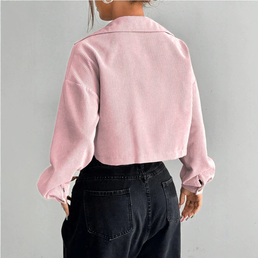 women's long-sleeve solid color cropped jacket - trendy cropped fashion collar casual short coat - european and american style