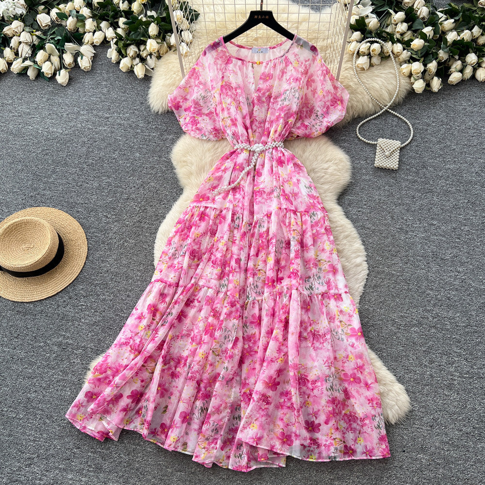 French chic v-neck floral dress - women's summer korean style short sleeve slimming a-line maxi dress - vacation ready