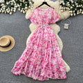 French chic v-neck floral dress - women's summer korean style short sleeve slimming a-line maxi dress - vacation ready