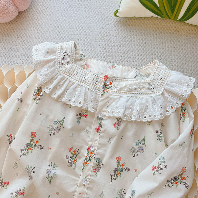Girls' 100% cotton lace floral babydoll top - new autumn  korean style kids' long-sleeve shirt - trendy blouse