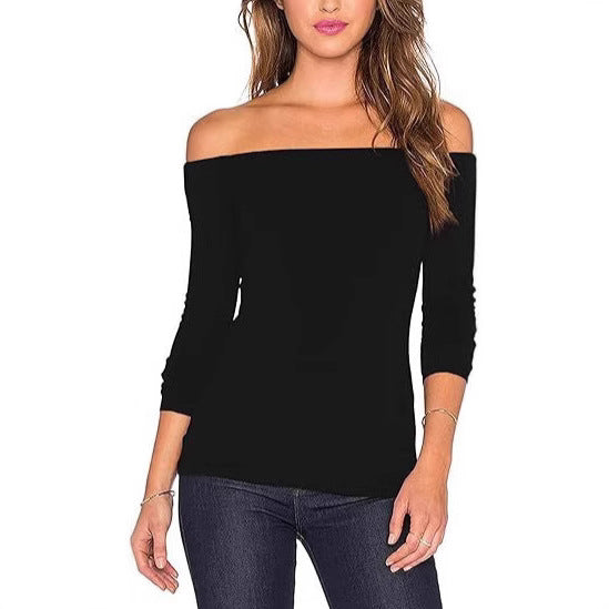 2024   Spring European and American Women's Clothing Bottom Shirt Sexy Slim and Comfortable One-Neck Long Sleeve T-Shirt
