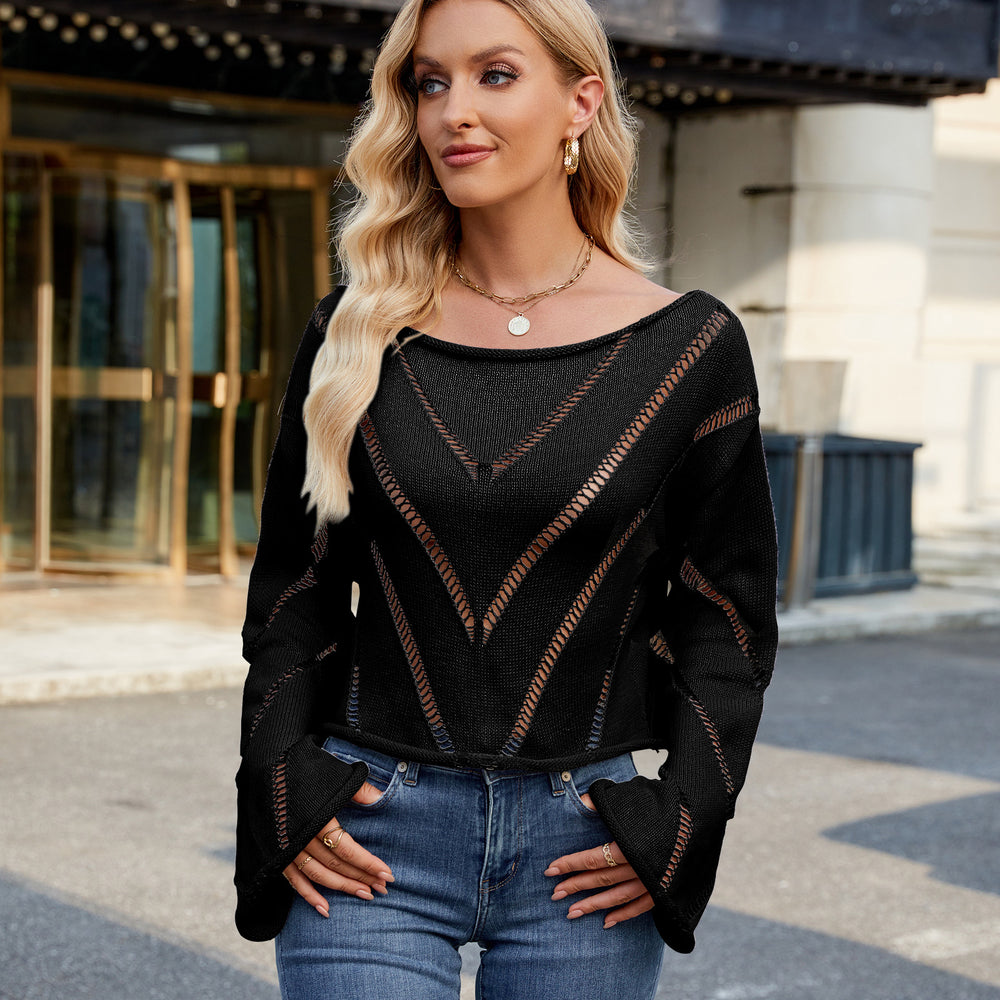 European and american cross-border e-commerce women's spring new arrivals:  independent store hollow-out loose round neck long sleeve pullover sweater