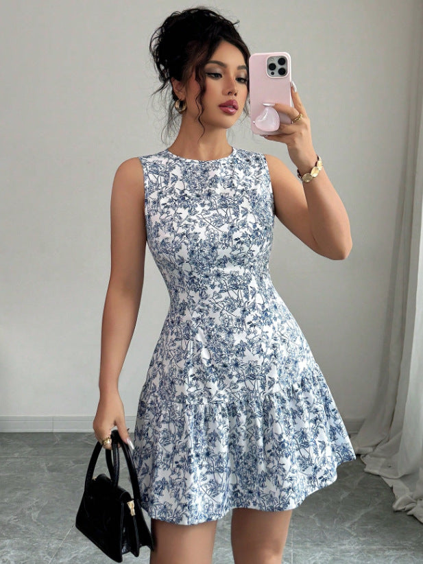 european and american cross-border e-commerce summer women's v-neck floral french sleeveless dress