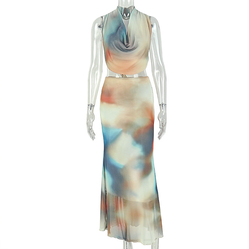 European and american style cross-border women's dress set: sexy scoop neck sleeveless backless bodycon midi skirt casual two-piece wholesale