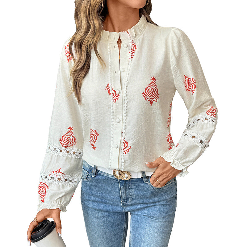 European   2025 new autumn top single-breasted cardigan stand-up collar ethnic style printed shirt women