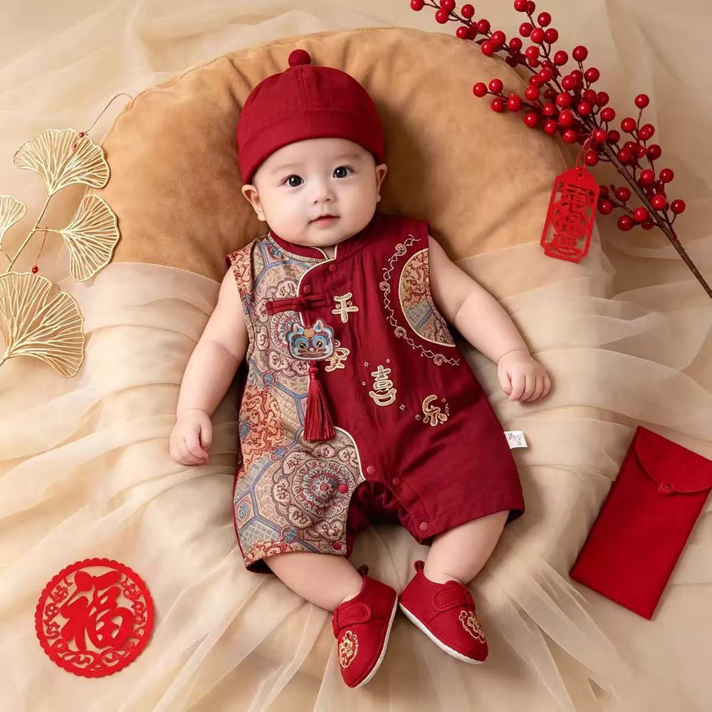 New chinoiserie baby boy thin jumpsuit summer clothes festive baby clothes summer full moon 100-day banquet first birthday dress