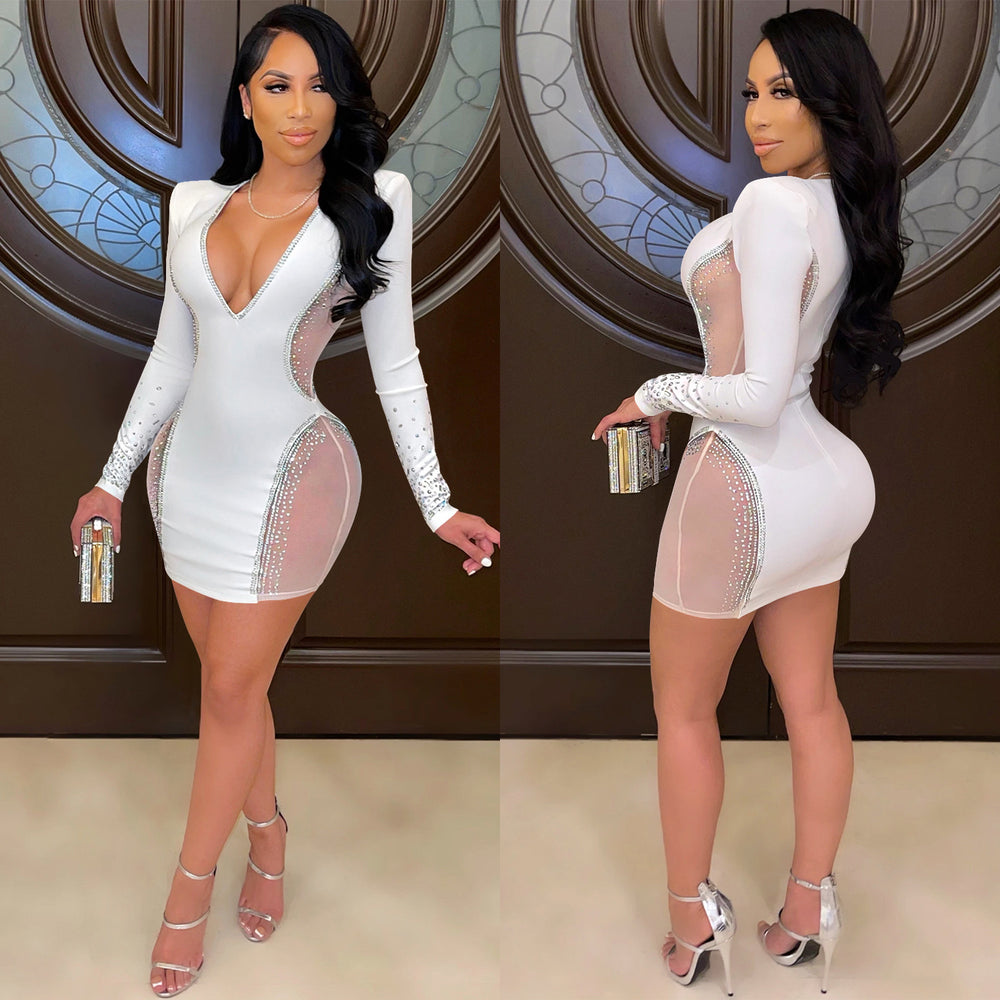 X5337 european and american fashion new arrivals   sexy deep v nightclub party dress rhinestone hotfix see-through midi dress