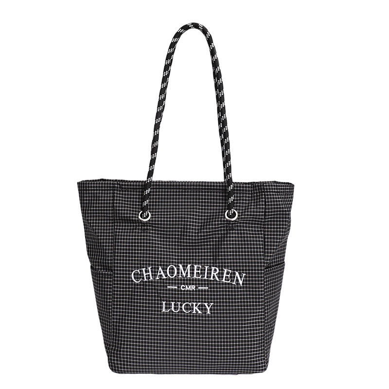 Korean style minimalist canvas tote bag for women, 2025 new arrival, super popular large capacity tote, plaid striped versatile shoulder bag