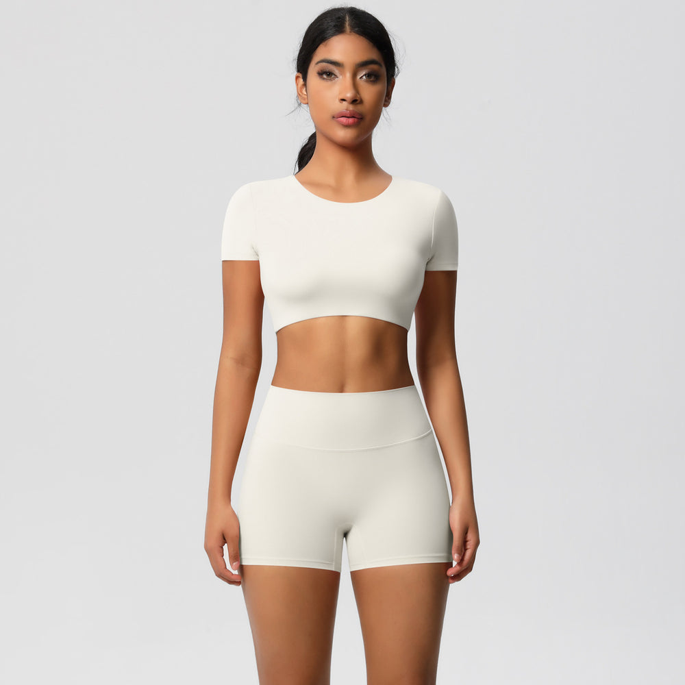 European and american nude feel quick-dry short sleeve yoga set with padded bra, compression workout training shorts, running fitness outfit