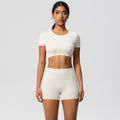European and american nude feel quick-dry short sleeve yoga set with padded bra, compression workout training shorts, running fitness outfit