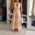 women's summer new arrivals:  cross-border fashion - elegant casual halter neck printed backless cropped maxi dress