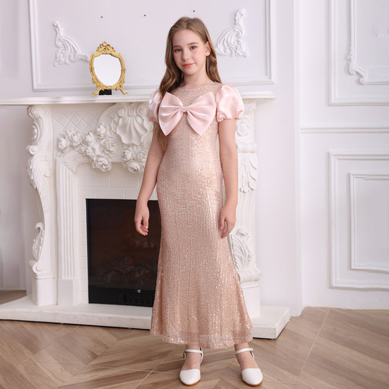 European and american high-end girls' formal dress, new puff sleeve sequin maxi dress, bodycon skirt, children's princess dress, custom  order
