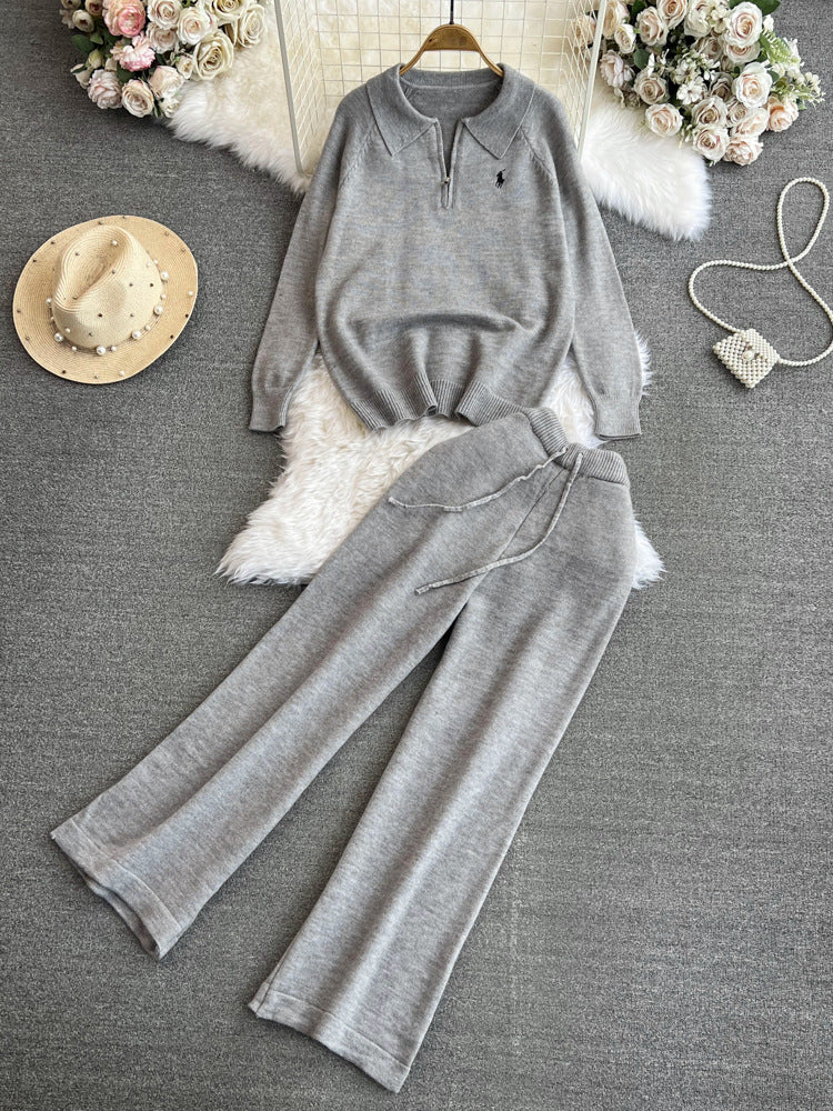 Fashionsuitfemalek-stylelong sleeves lapel looseknitting shirt sweatertwo-piece setcasualhigh waiststraight-legloose pants
