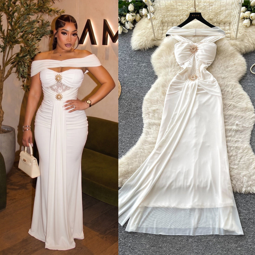 French halter lace white dress women's summer sleeveless waist slimming look a-line long skirt accessible luxuryelegance style