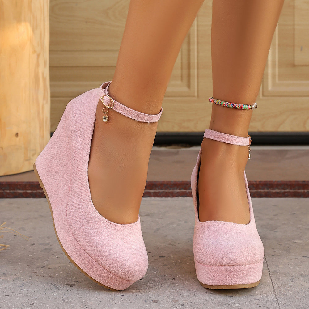 Exportplus sizespring & fallnew arrival wedge flats women's waterproof platform fashion round toe super high heel one-word buckle flatsflats
