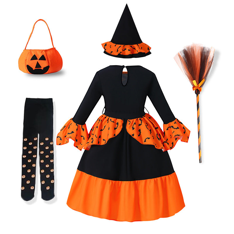 halloween girls' dress - bat pattern witch costume with party hat - halloween kids' dress