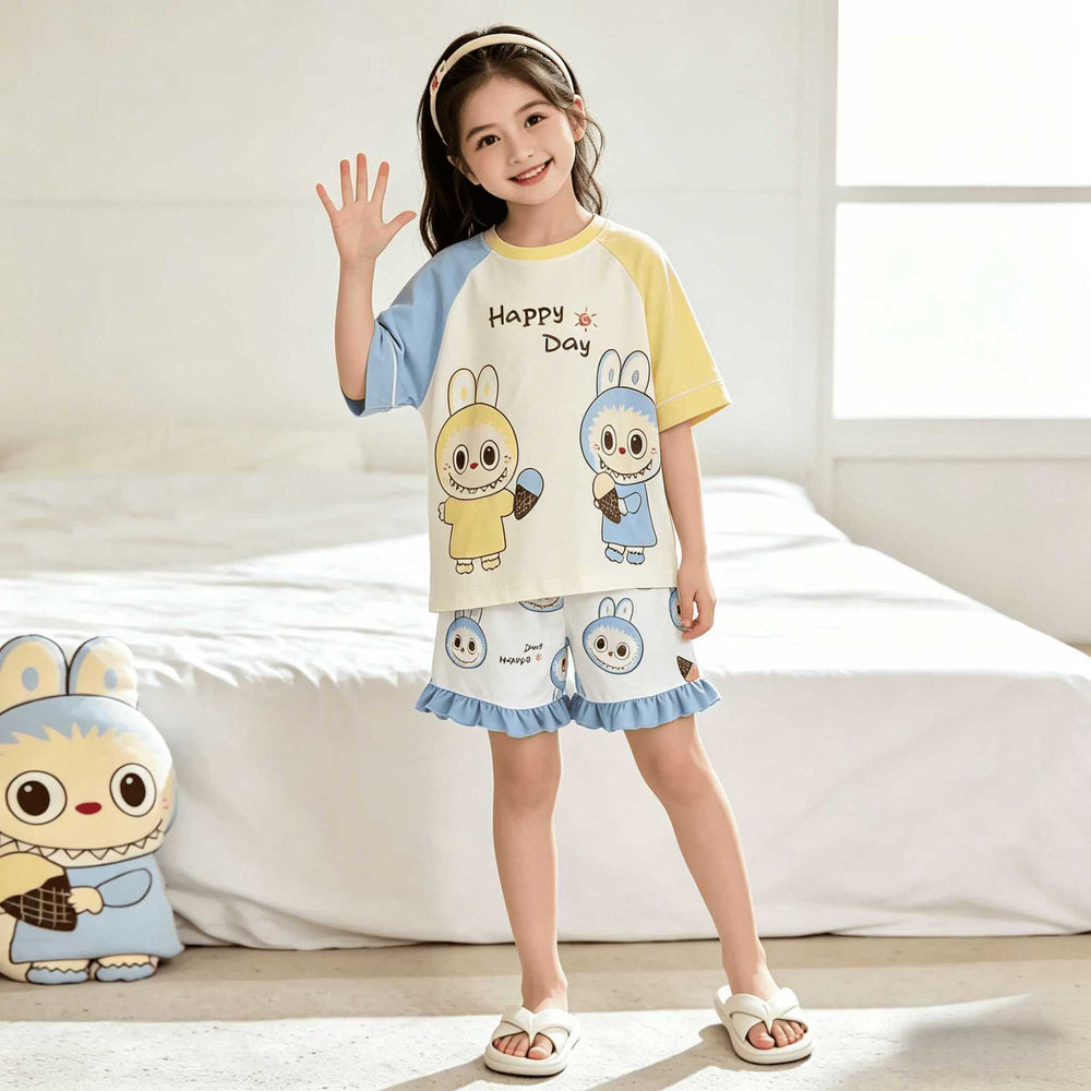 [family style] girls' zhongda tong pajamas suit summer short sleeve baby cartoon cute home clothes nightgown
