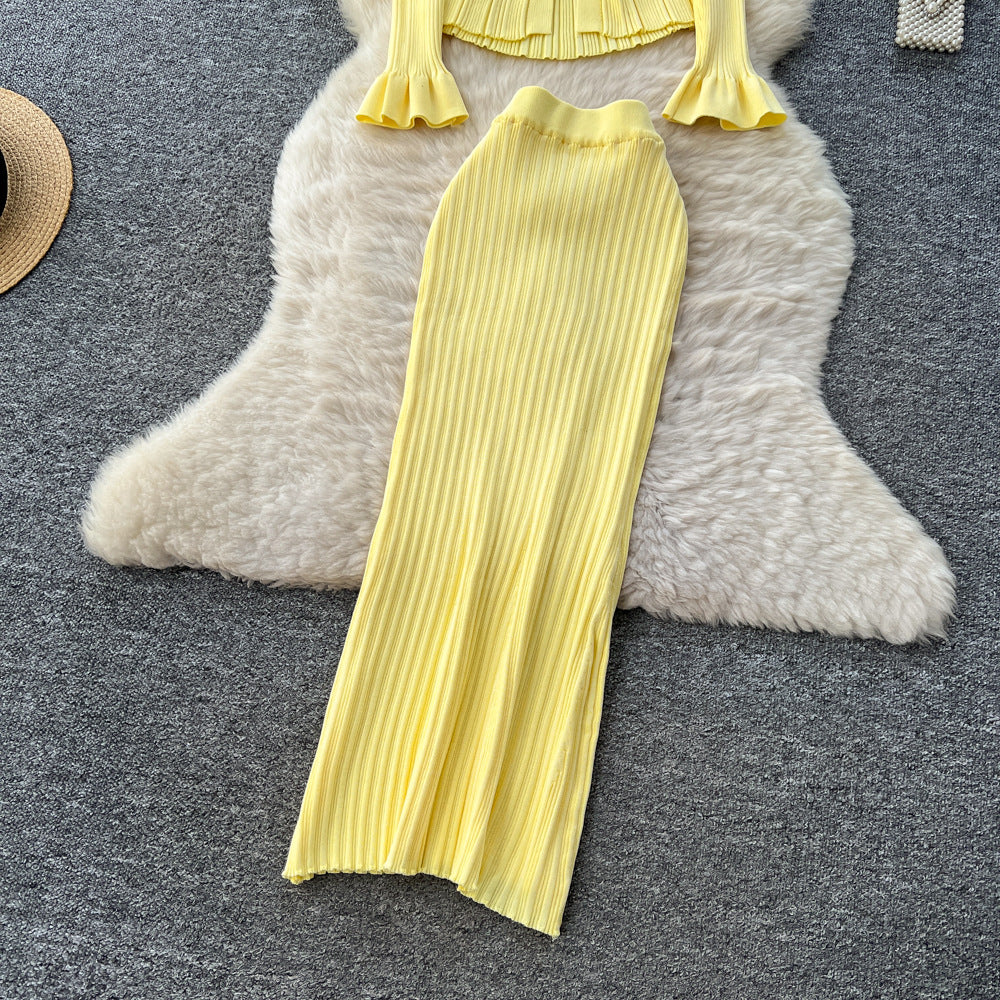 Xiaoxiangfengclassy lapel long sleeves slit knittingtopshigh waist hip-covering skirtelegantfrenchtwo-piece set