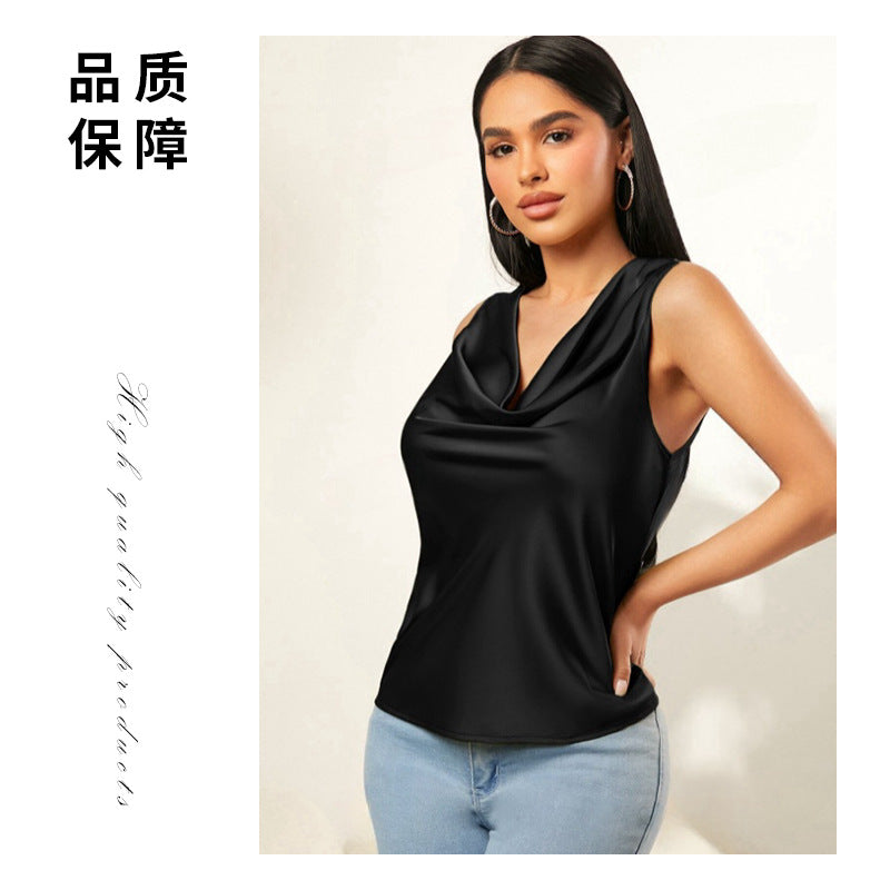 summer new satin ruched neck solid color sleeveless tank top - wholesale european and american style sleeveless tops