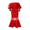 Independent station women's one-line collar puff sleeves lacepatchwork banquet fishtail dress long skirt cross-border foreign trade dress