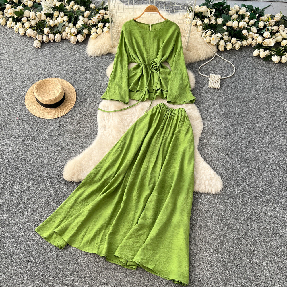 Commuting style classylong sleeves flower strap two-piece set female autum strap waist slimming lookhigh waistsuit skirt