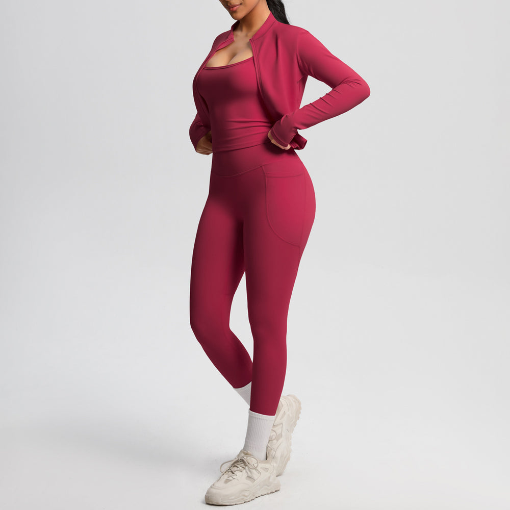 Fashion cross-border new cloud-sensing brushed sports vest flap pocket pantscasual hip-lifting fitness yoga wear three-piece set
