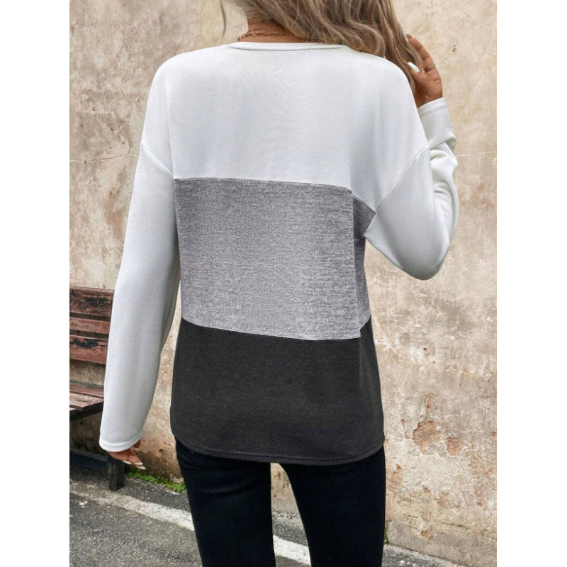 Shipped: women's color block long sleeve top - crew neck patchwork chest pocket autumn casual pullover