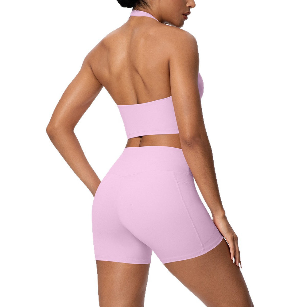 New arrivalnude halter back high waist hip pocketshorts yoga wear tight sports suit running fitness wear